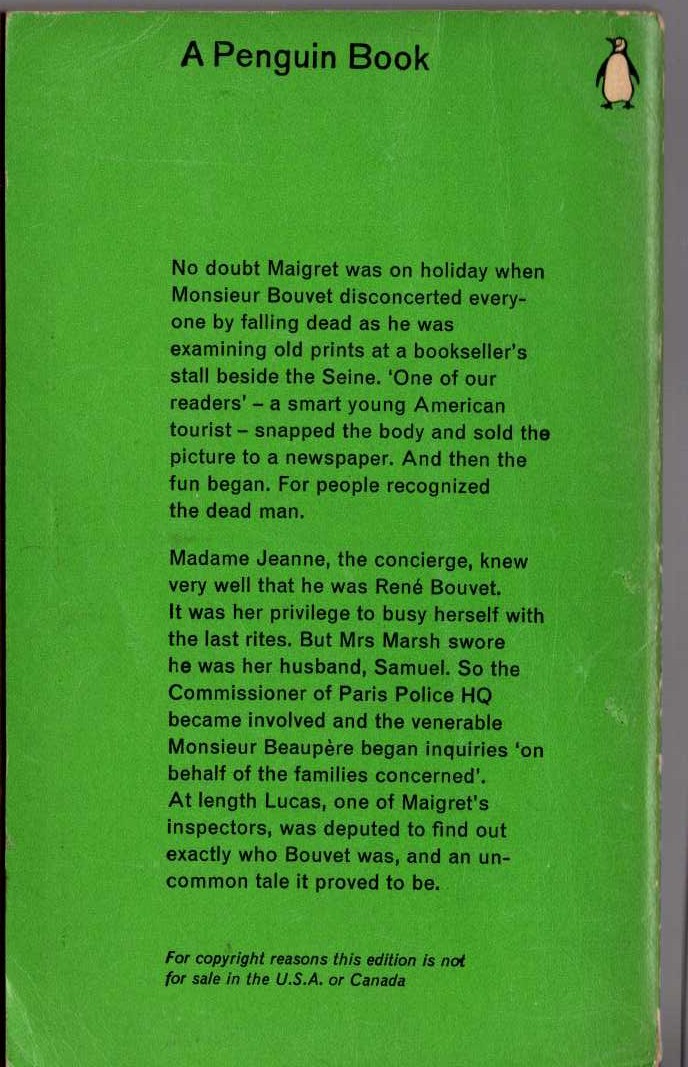 Georges Simenon  INQUEST ON BOUVET magnified rear book cover image