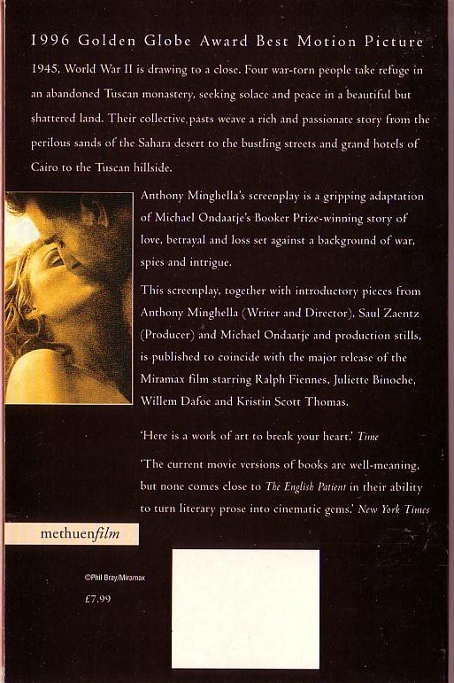 Anthony Minghella  THE ENGLISH PATIENT (Screenplay) magnified rear book cover image