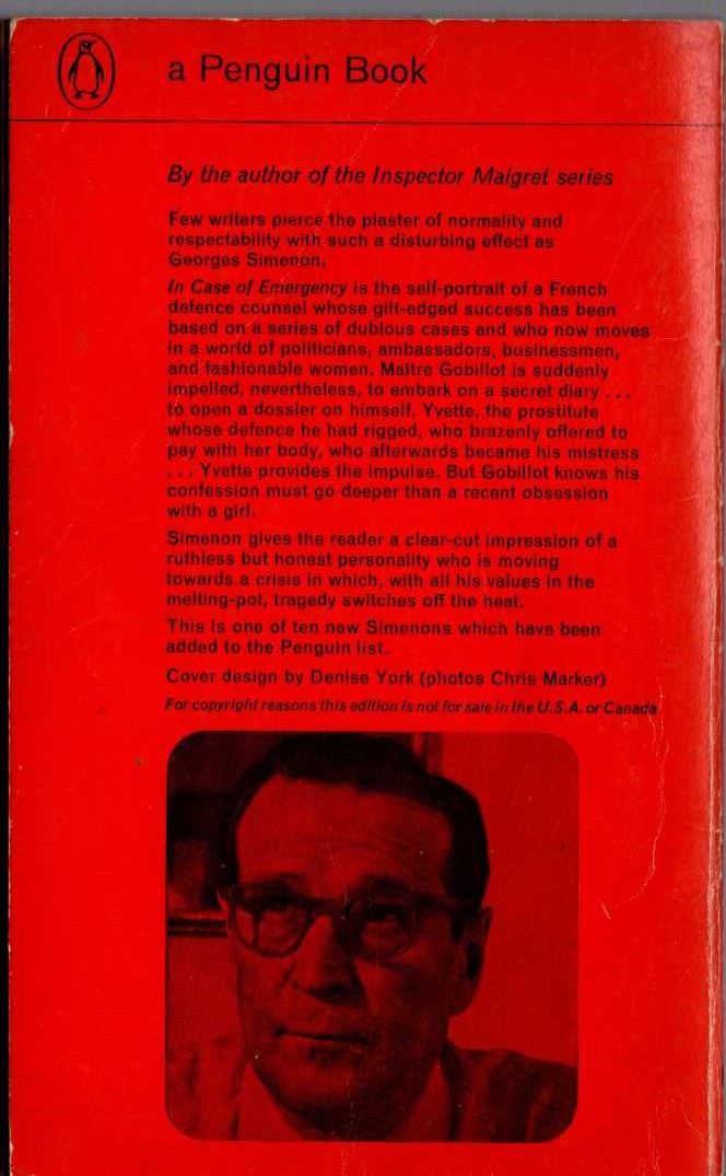 Georges Simenon  IN CASE OF EMERGENCY magnified rear book cover image