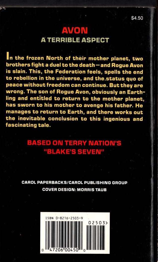 Paul Darrow  BLAKE'S 7: AVON. A TERRIBLE ASPECT magnified rear book cover image