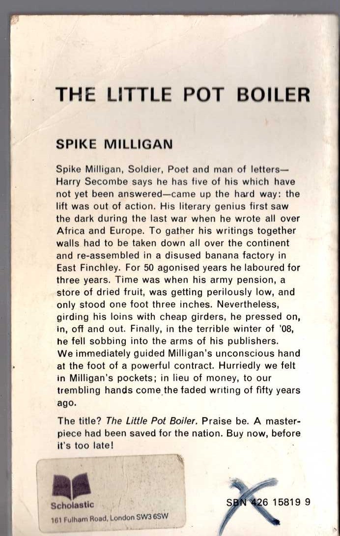 Spike Milligan  THE LITTLE POT BOILER magnified rear book cover image