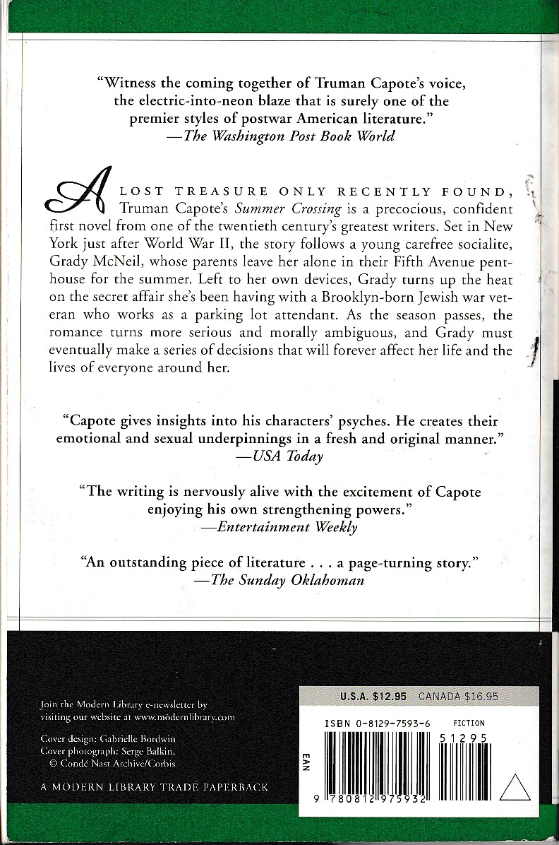 Truman Capote  SUMMER CROSSINGS magnified rear book cover image