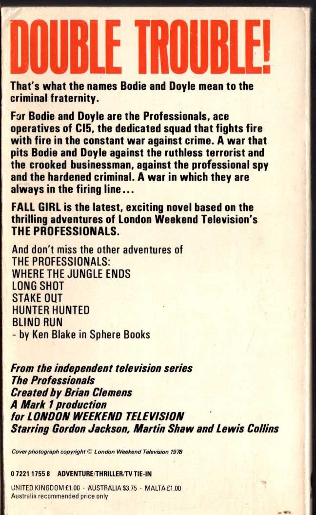 Ken Blake  THE PROFESSIONALS 6: FALL GIRL magnified rear book cover image