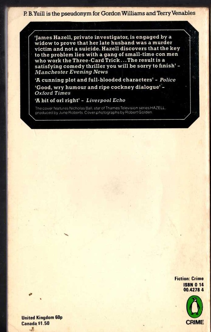 P.B. Yuill  HAZELL AND THE THREE-CARD TRICK magnified rear book cover image