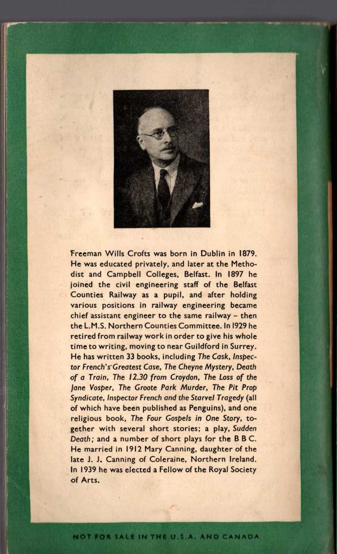 Freeman Wills Crofts  DEATH OF A TRAIN magnified rear book cover image