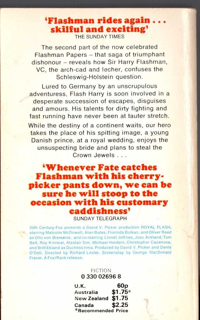George MacDonald Fraser  ROYAL FLASH (Malcolm McDowell) magnified rear book cover image