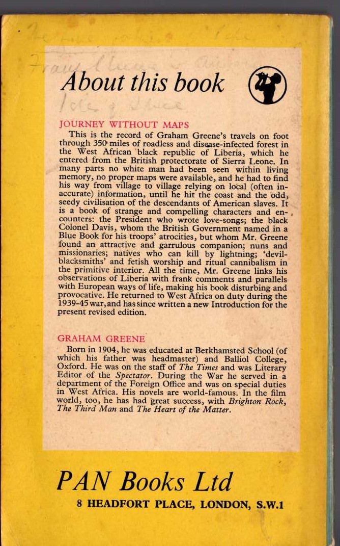 Graham Greene  JOURNEY WITHOUT MAPS. In West Africa's Black Republic magnified rear book cover image