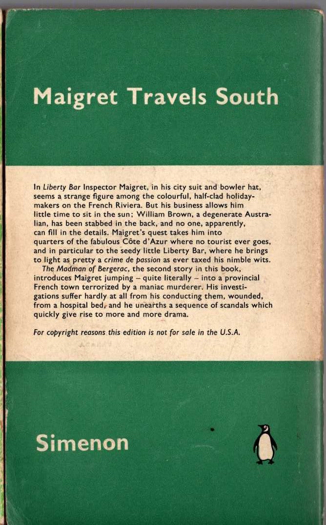 Georges Simenon  MAIGRET TRAVELS SOUTH magnified rear book cover image