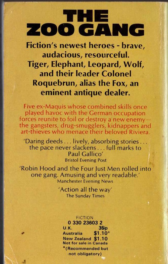 Paul Gallico  THE ZOO GANG (ATV) magnified rear book cover image