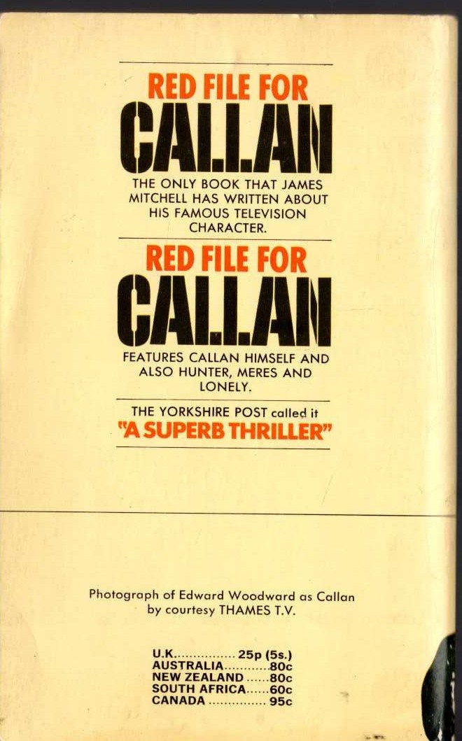 James Mitchell  RED FILE FOR CALLAN (Edward Woodward) magnified rear book cover image