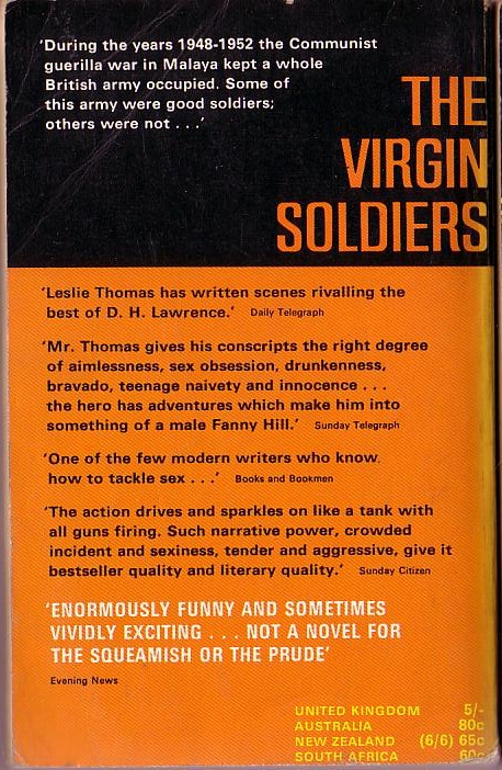 Leslie Thomas  THE VIRGIN SOLDIERS magnified rear book cover image