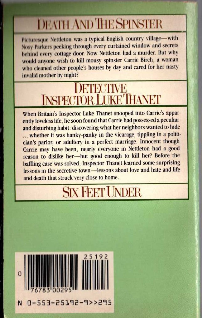Dorothy Simpson  SIX FEET UNDER magnified rear book cover image