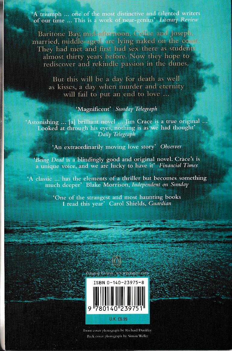 Jim Crace  BEING DEAD magnified rear book cover image