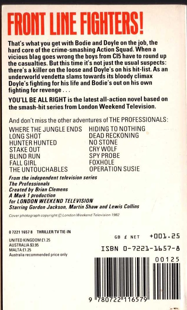 Ken Blake  THE PROFESSIONALS 15: YOU'LL BE ALL RIGHT magnified rear book cover image