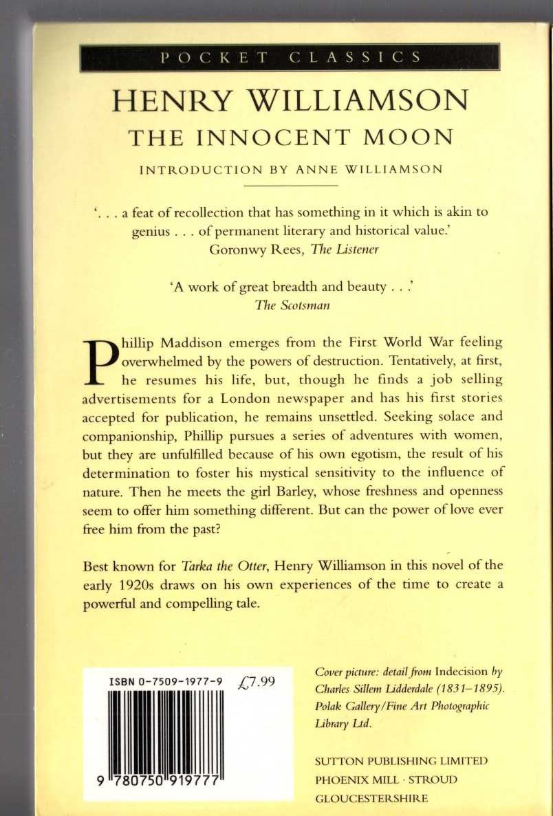 Henry Williamson  THE INNOCENT MOON magnified rear book cover image