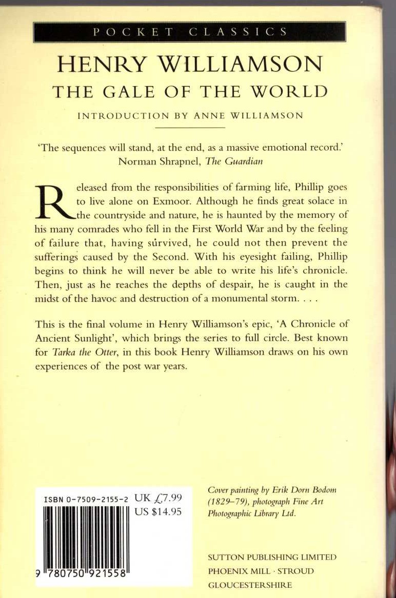 Henry Williamson  THE GALE OF THE WORLD magnified rear book cover image