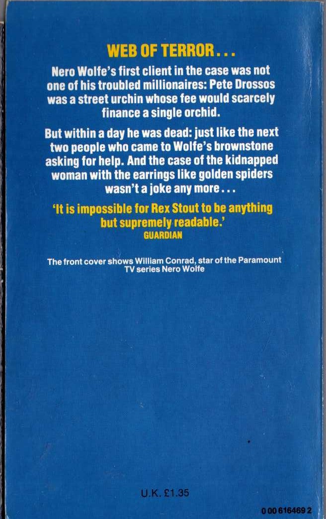 Rex Stout  THE GOLDEN SPIDERS (TV tie-in) magnified rear book cover image