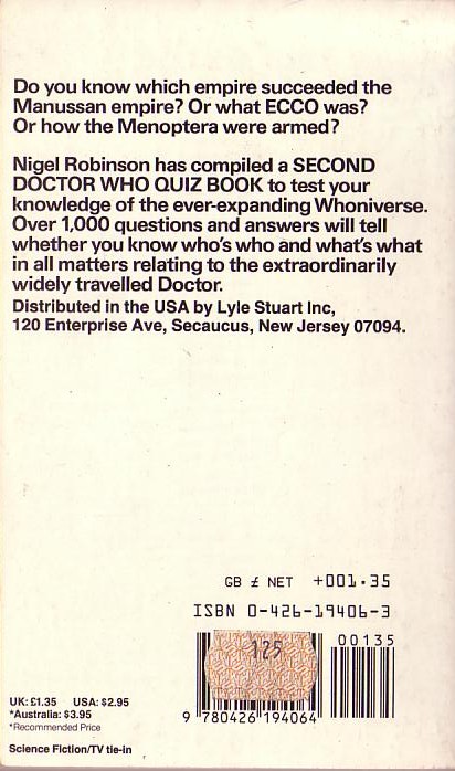 Nigel Robinson  THE SECOND DOCTOR WHO QUIZ BOOK magnified rear book cover image