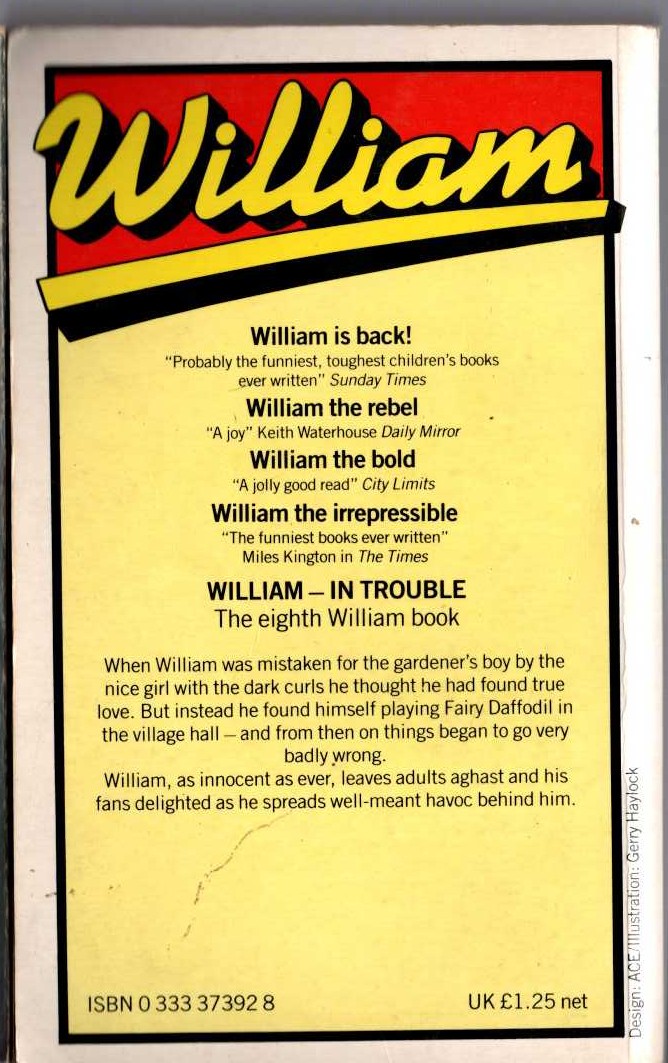 Richmal Crompton  WILLIAM IN TROUBLE magnified rear book cover image