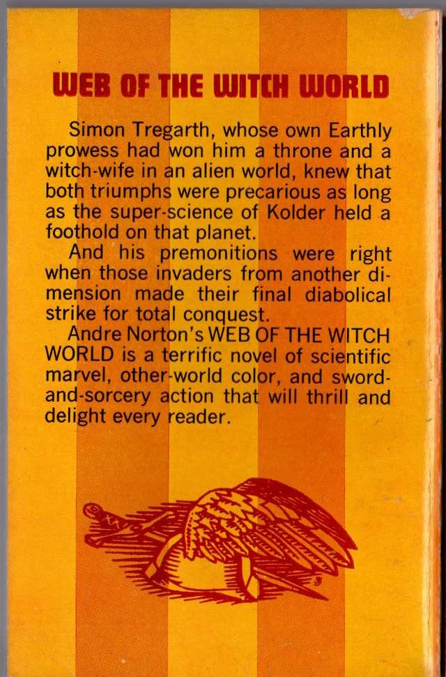 Andre Norton  WEB OF THE WITCH WORLD magnified rear book cover image