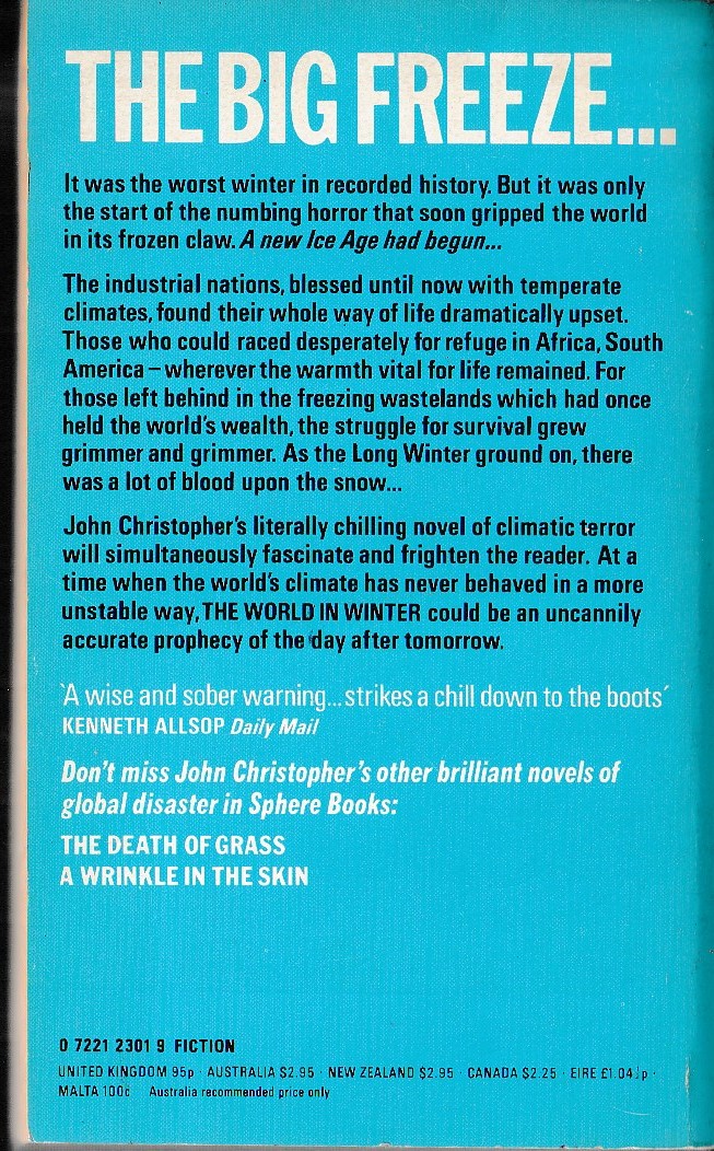 John Christopher  THE WORLD IN WINTER magnified rear book cover image