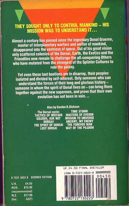 Gordon R. Dickson  THE FINAL ENCYCLOPAEDIA magnified rear book cover image
