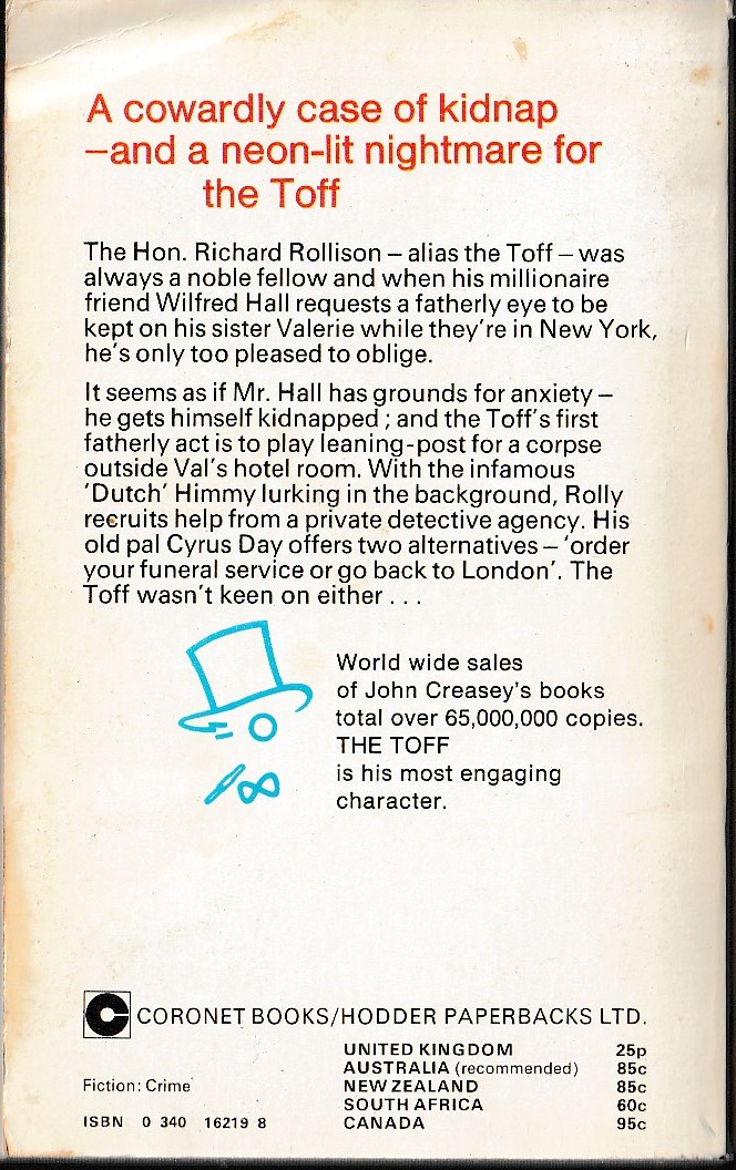John Creasey  THE TOFF IN NEW YORK magnified rear book cover image