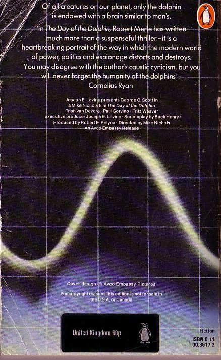 Robert Merle  THE DAY OF THE DOLPHIN magnified rear book cover image