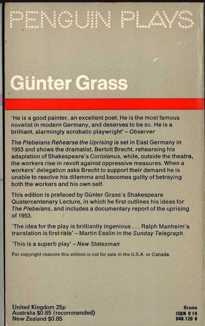 Gunter Grass  THE PLEBEIANS REHEARSE THE UPRISING magnified rear book cover image