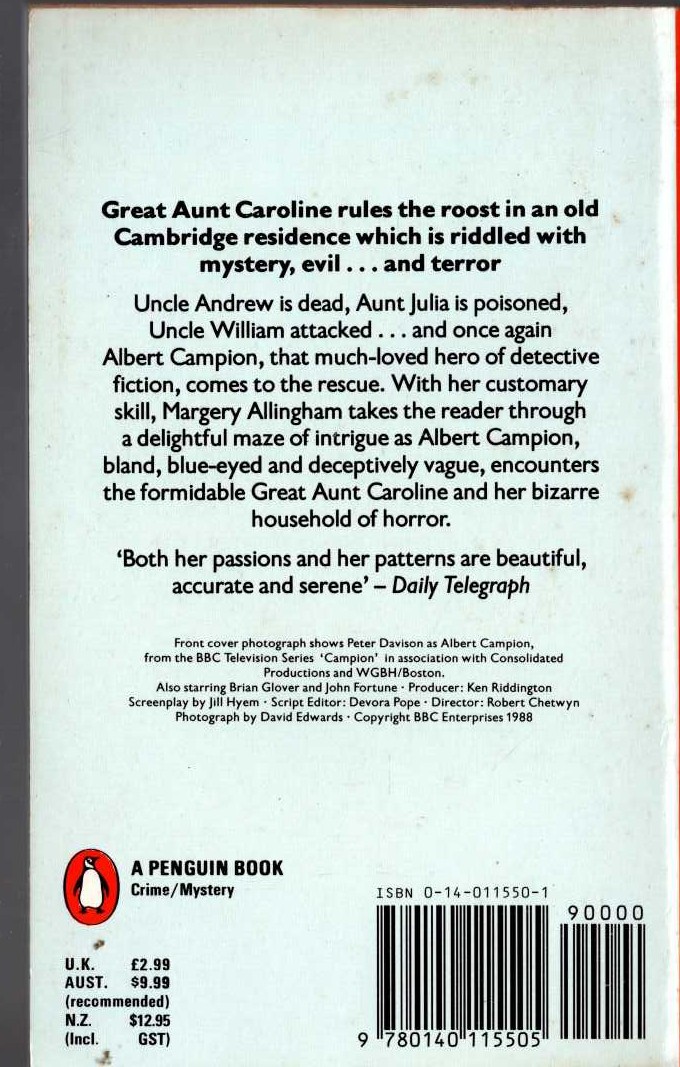 Margery Allingham  POLICE AT THE FUNERAL (TV tie-in) magnified rear book cover image