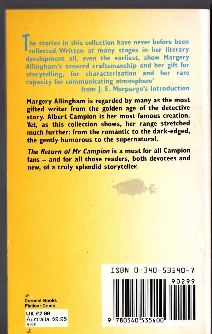 Margery Allingham  THE RETURN OF MR CAMPION magnified rear book cover image