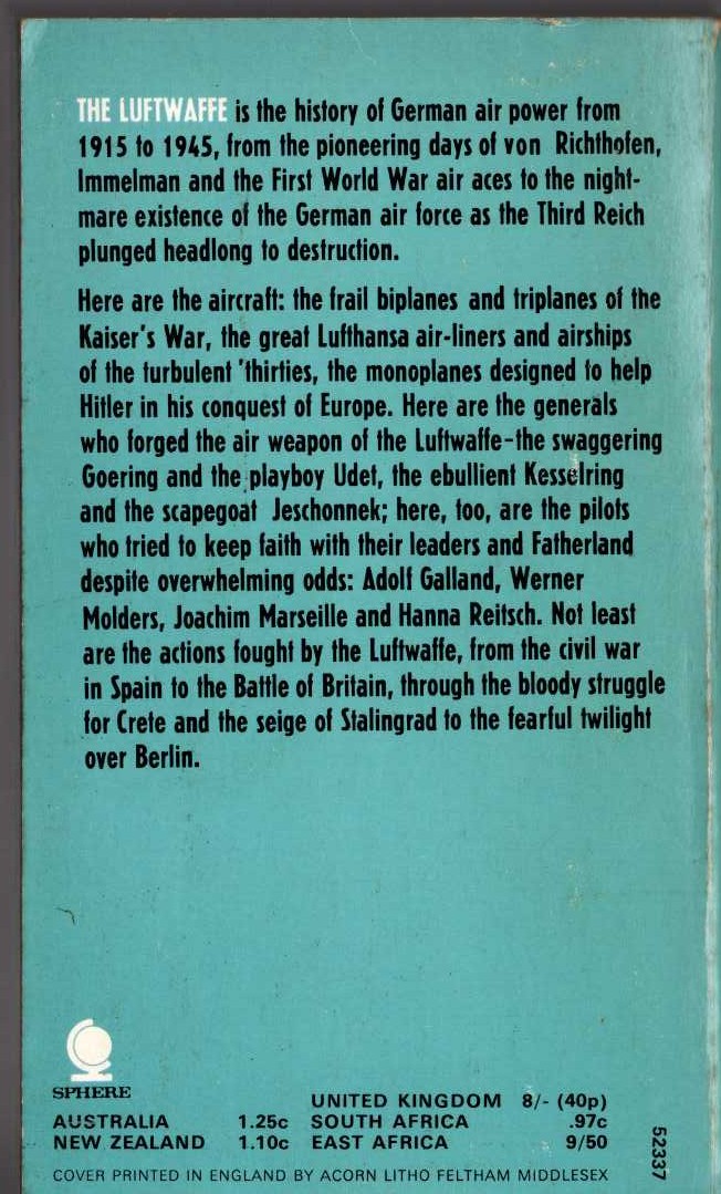 John Killen  THE LUFTWAFFE. A History magnified rear book cover image