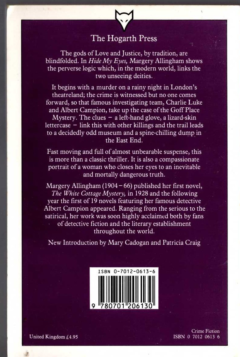 Margery Allingham  HIDE MY EYES magnified rear book cover image