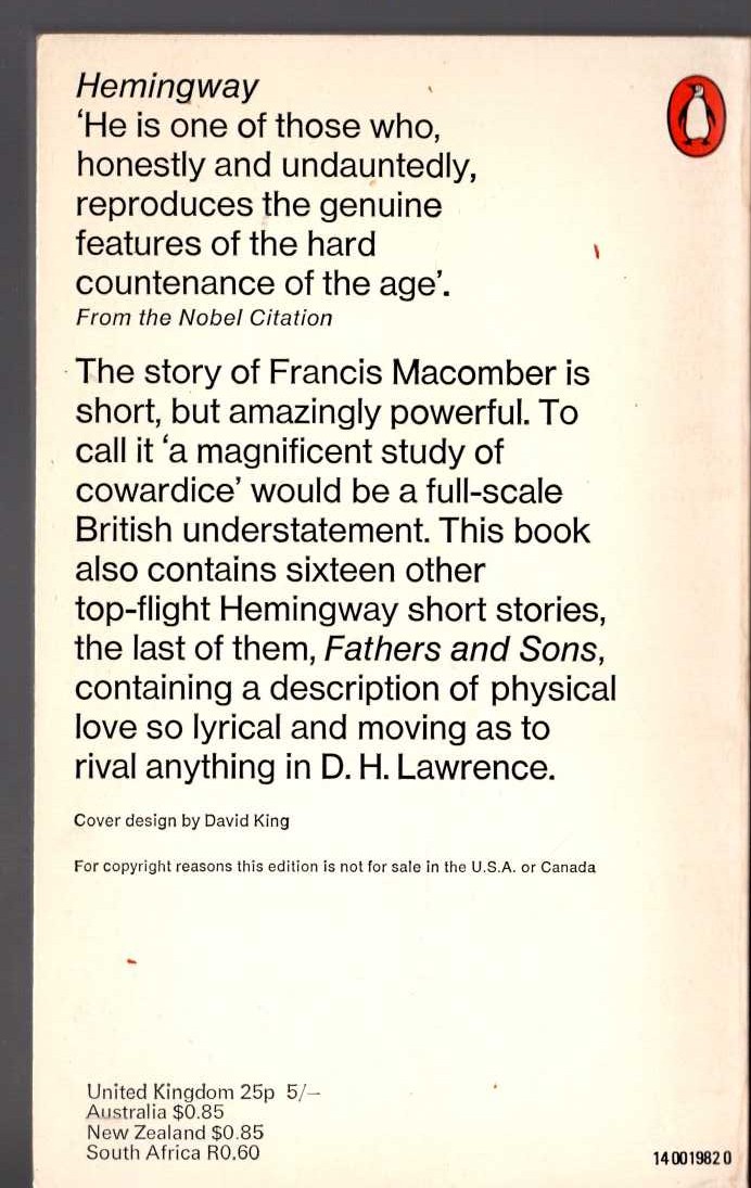 Ernest Hemingway  THE SHORT HAPPY LIFE OF FRANCIS MACOMBER magnified rear book cover image