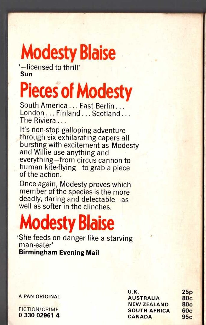 Peter O'Donnell  PIECES OF MODESTY magnified rear book cover image