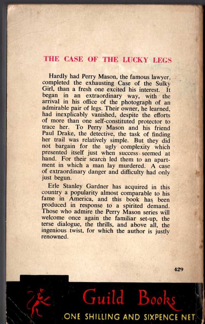 Erle Stanley Gardner  THE CASE OF THE LUCKY LEGS magnified rear book cover image