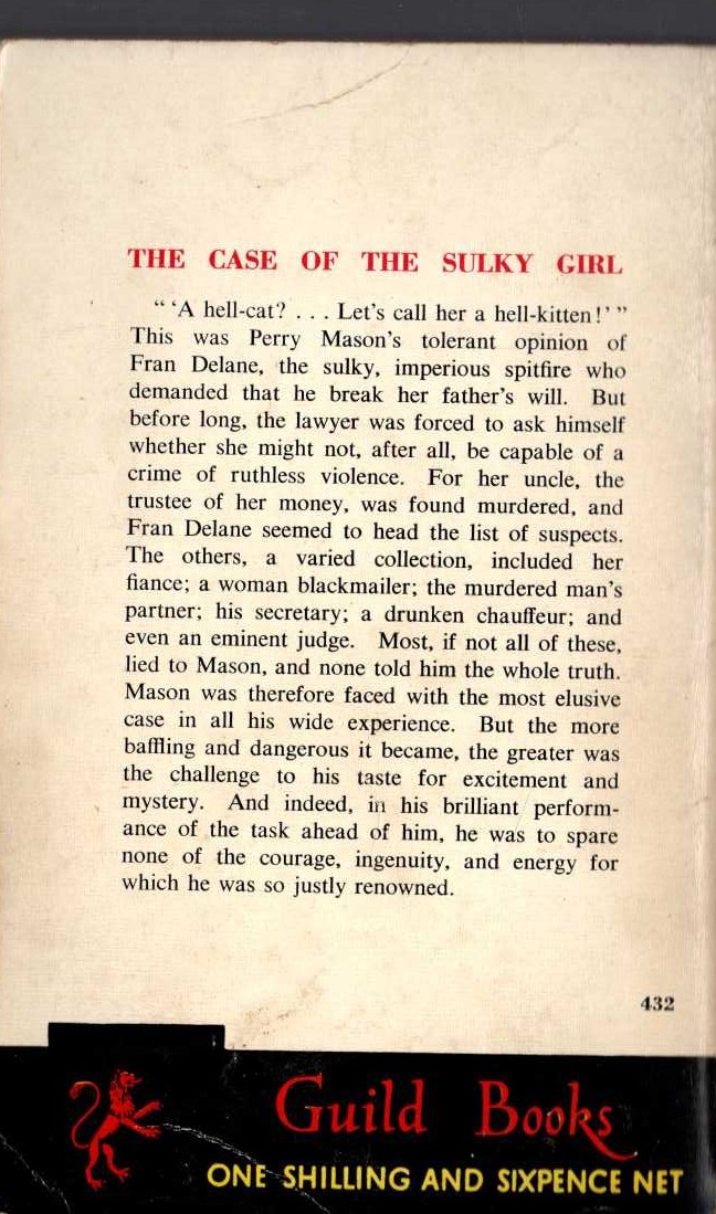 Erle Stanley Gardner  THE CASE OF THE SULKY GIRL magnified rear book cover image
