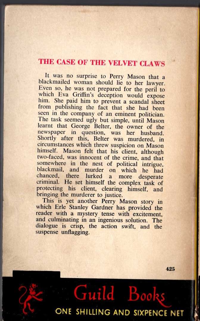 Erle Stanley Gardner  THE CASE OF THE VELVET CLAWS magnified rear book cover image