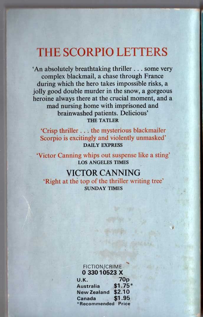 Victor Canning  THE SCORPIO LETTERS magnified rear book cover image