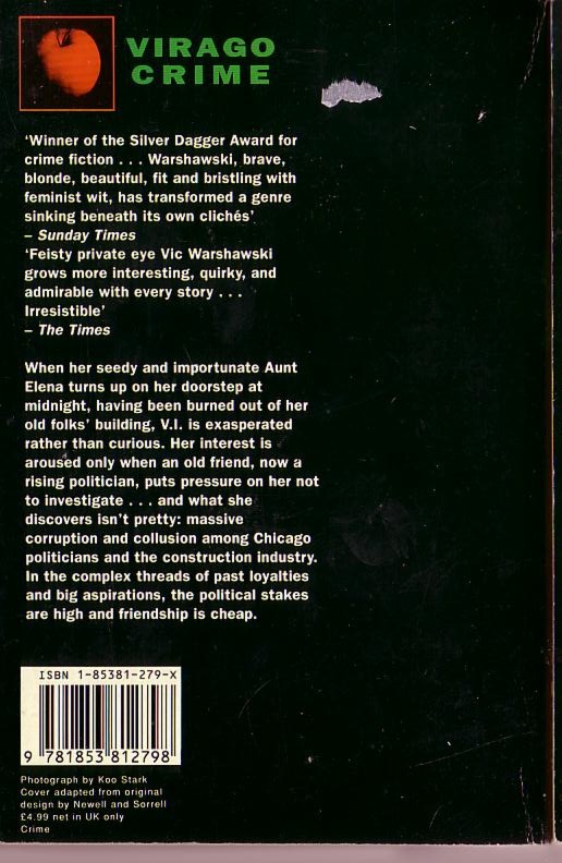 Sara Paretsky BURN MARKS .Virago rpt.1991 (340pp) magnified rear cover image