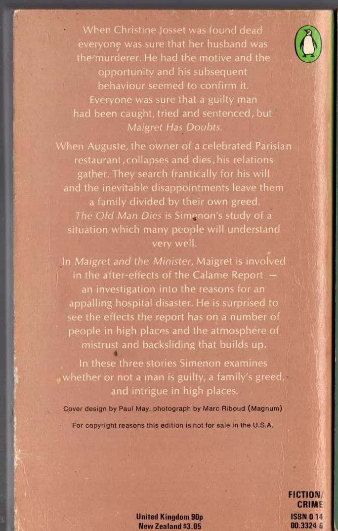 Georges Simenon  THE THIRD SIMENON OMNIBUS: MAIGRET HAS DOUBTS/ MAIGRET & THE MINISTER/ THE OLD MAN DIES magnified rear book cover image