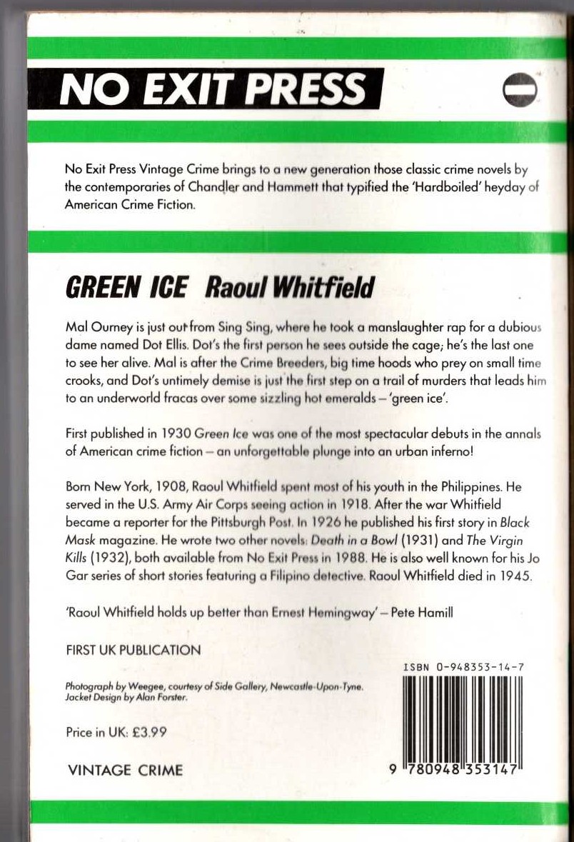 Raoul Whitfield  GREEN ICE magnified rear book cover image