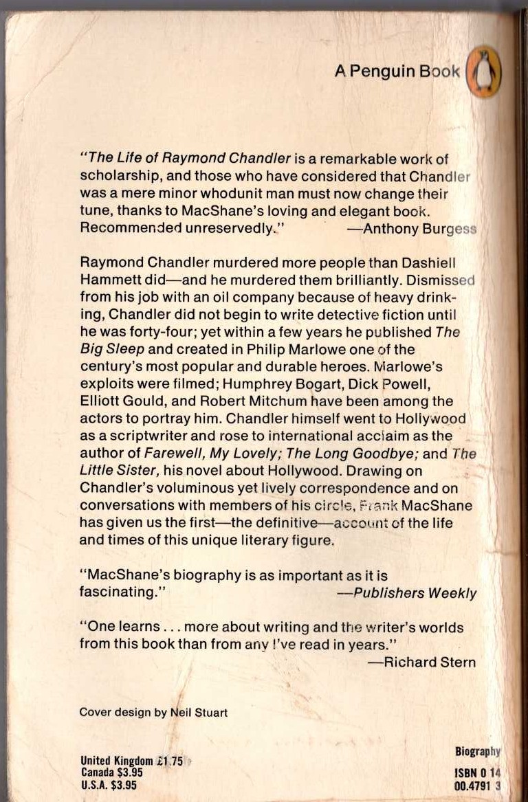 (Frank MacShane) THE LIFE OF RAYMOND CHANDLER magnified rear book cover image