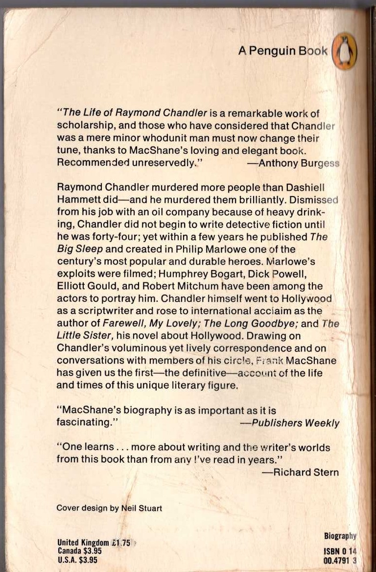(Frank MacShane) THE LIFE OF RAYMOND CHANDLER magnified rear book cover image