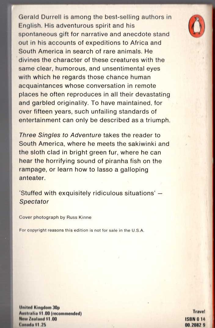 Gerald Durrell  THREE SINGLES TO ADVENTURE magnified rear book cover image