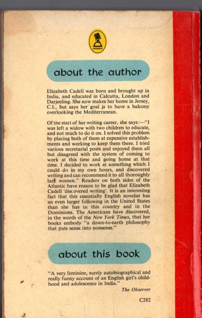 Elizabeth Cadell  SUN IN THE MORNING magnified rear book cover image