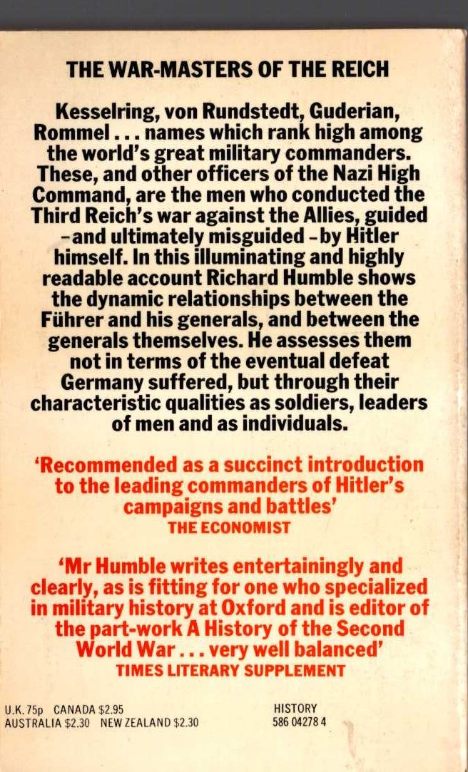 Richard Humble  HITLER'S GENERALS magnified rear book cover image