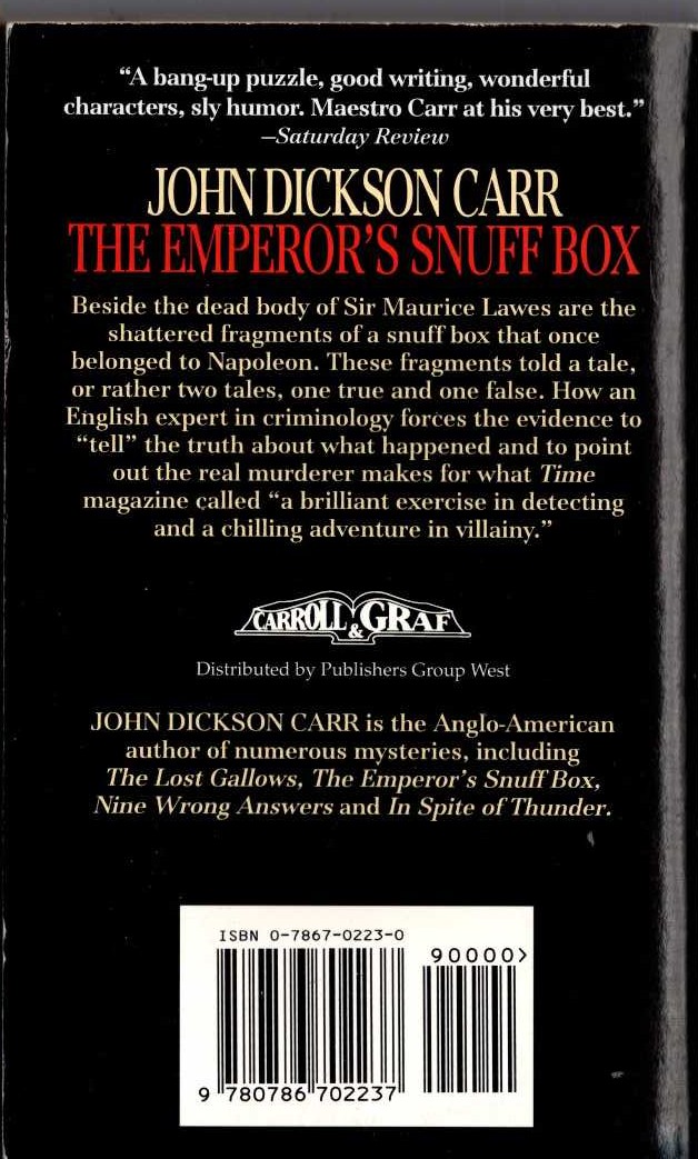 John Dickson Carr  THE EMPORER'S SNUFF-BOX magnified rear book cover image