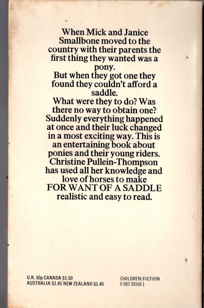 Christine Pullein-Thompson  FOR WANT OF A SADDLE magnified rear book cover image