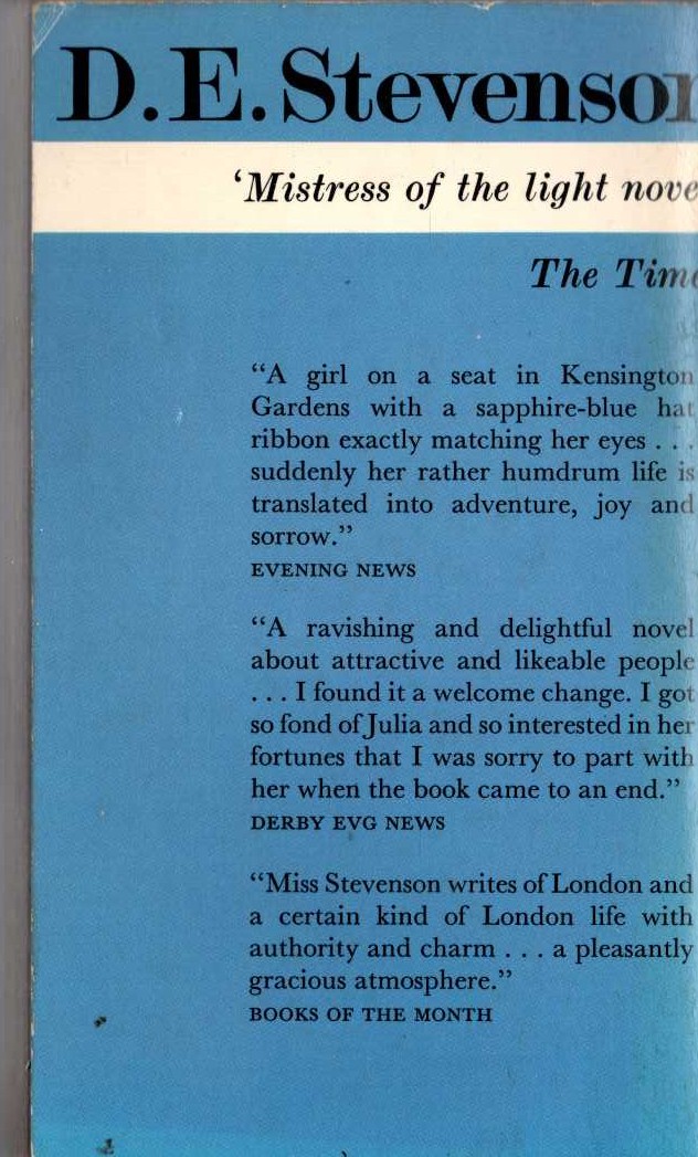 D.E. Stevenson  THE BLUE SAPPHIRE magnified rear book cover image